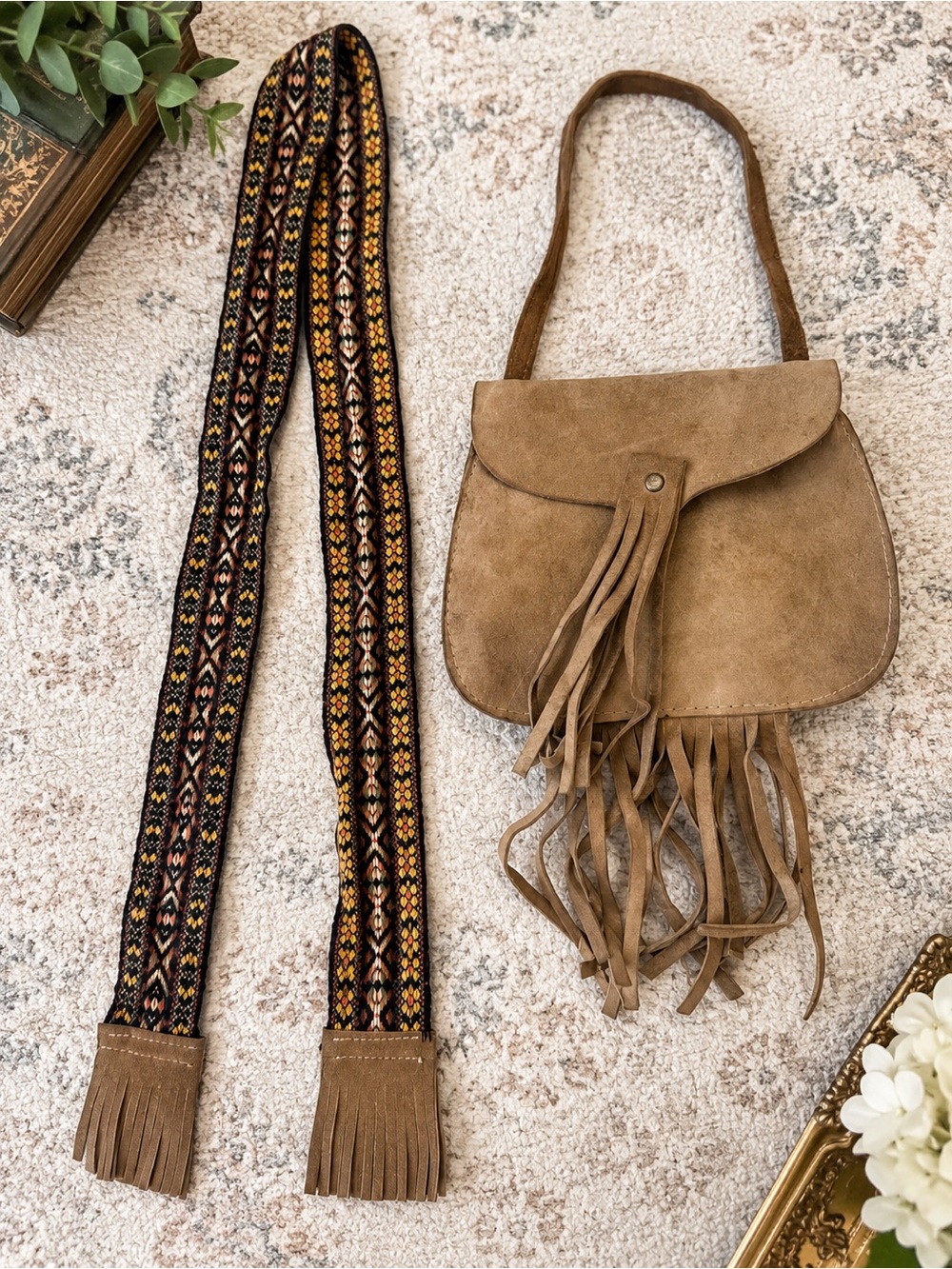 Vintage 60s 70s Suede Fringe Purse + Woven Boho Belt Strap Hippie Western
